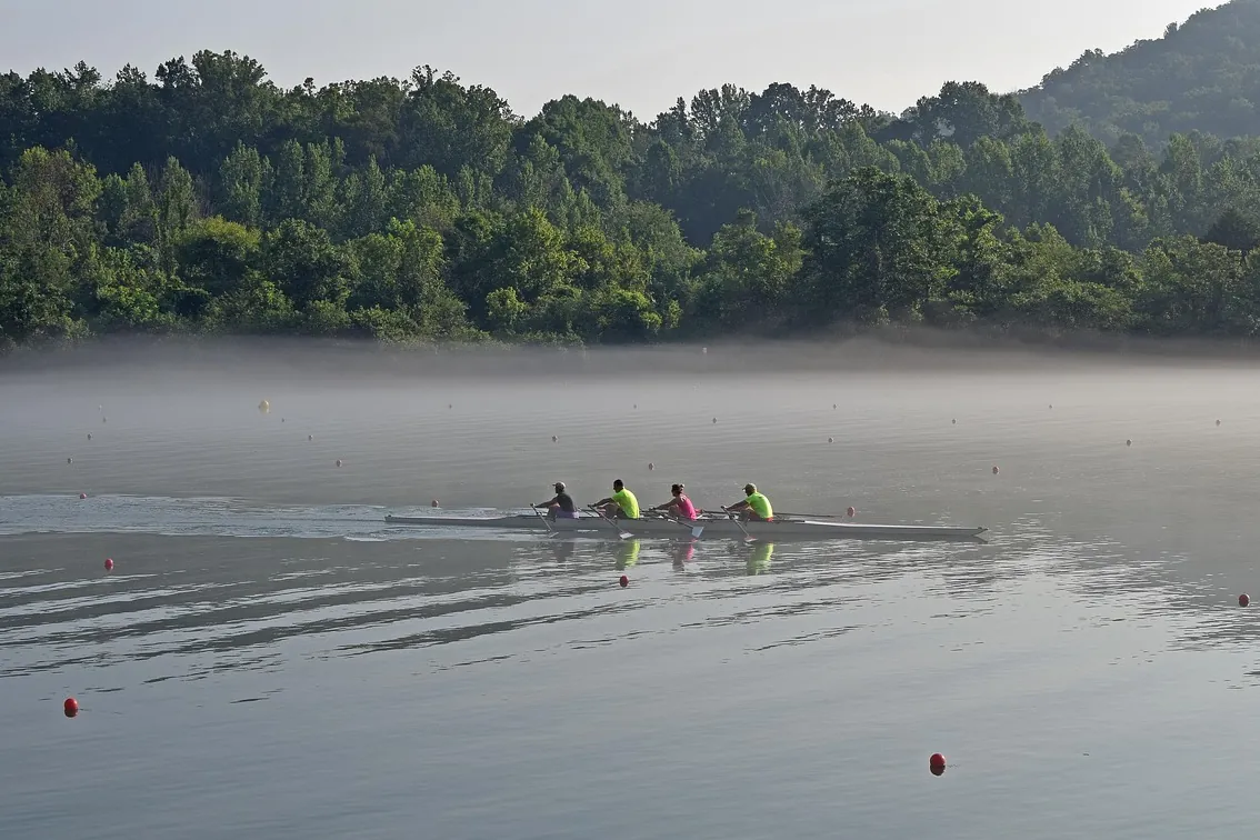 Scull rowing in fog, early, morning
