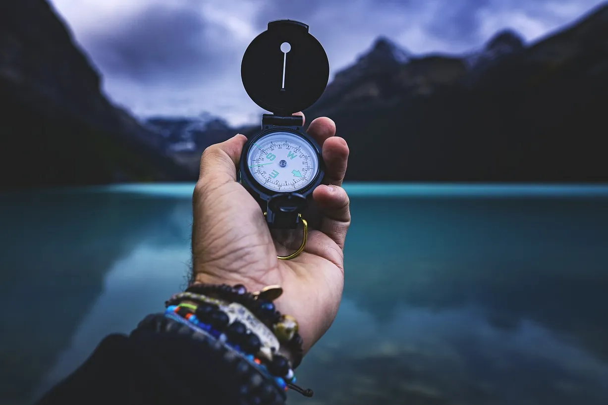 Compass, hand, lake
